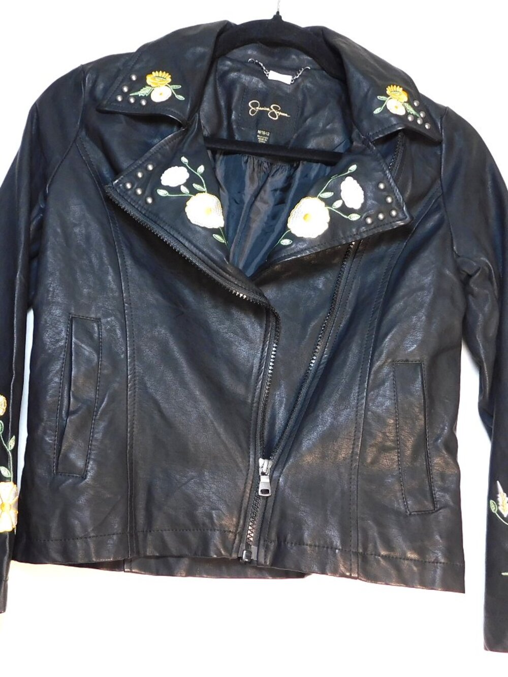 Jessica Simpson Tween Girls M 10-12 Black Faux Leather Moto Jacket w/ Embroidery